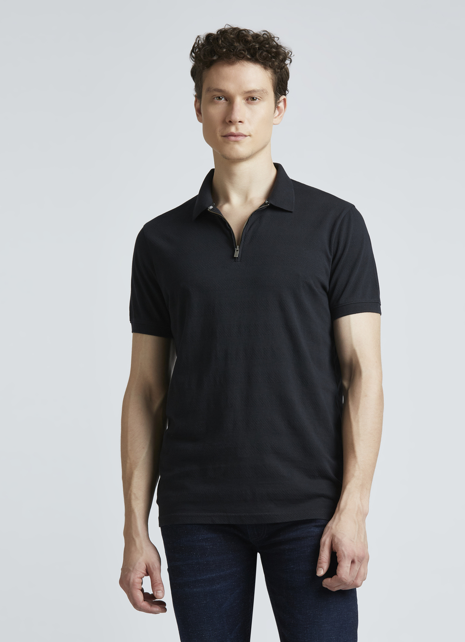 Black Stripes Short Sleeve Zipper Polo, , large image number 1