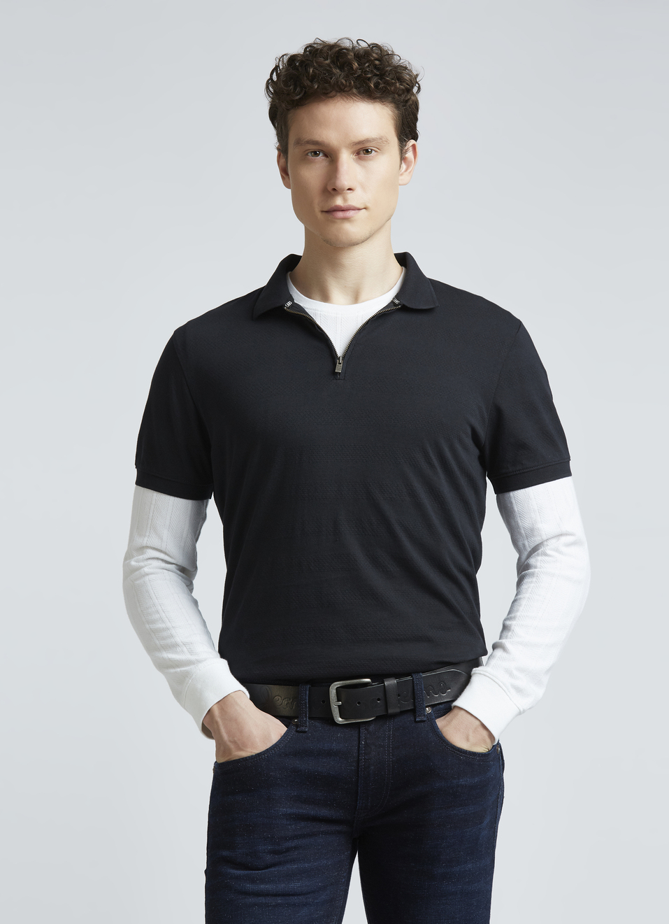 Black Stripes Short Sleeve Zipper Polo, , large image number 0