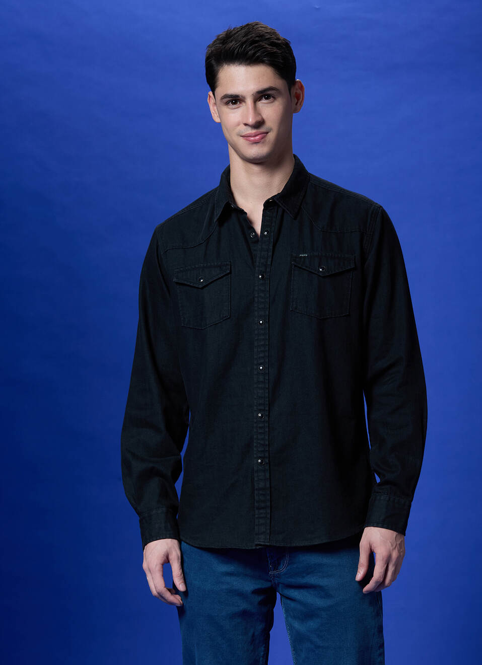 Black Twin Flap Pocket Full Sleeve Denim Shirt, , large image number 1