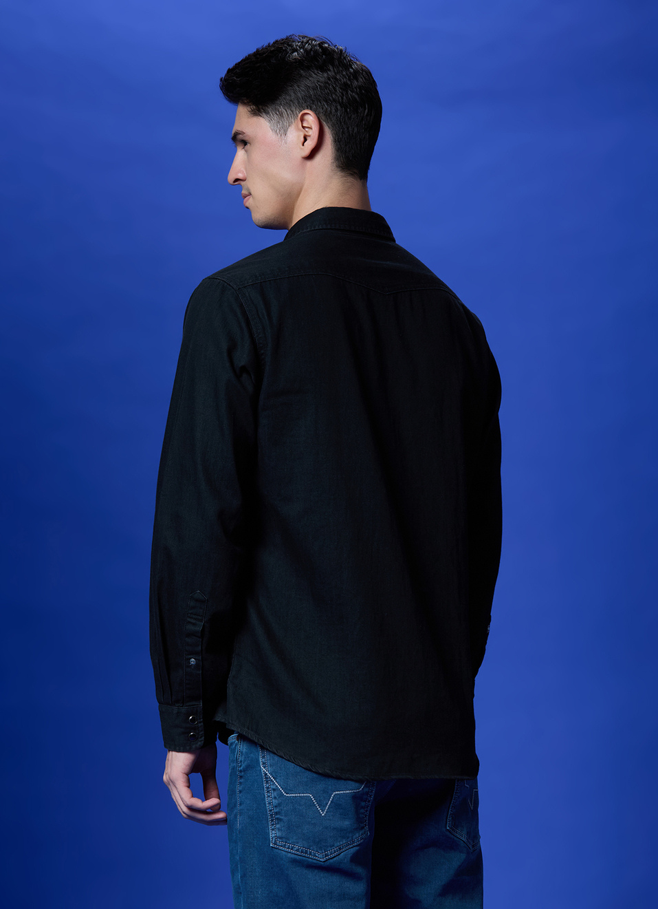 Black Twin Flap Pocket Full Sleeve Denim Shirt, , large image number 2
