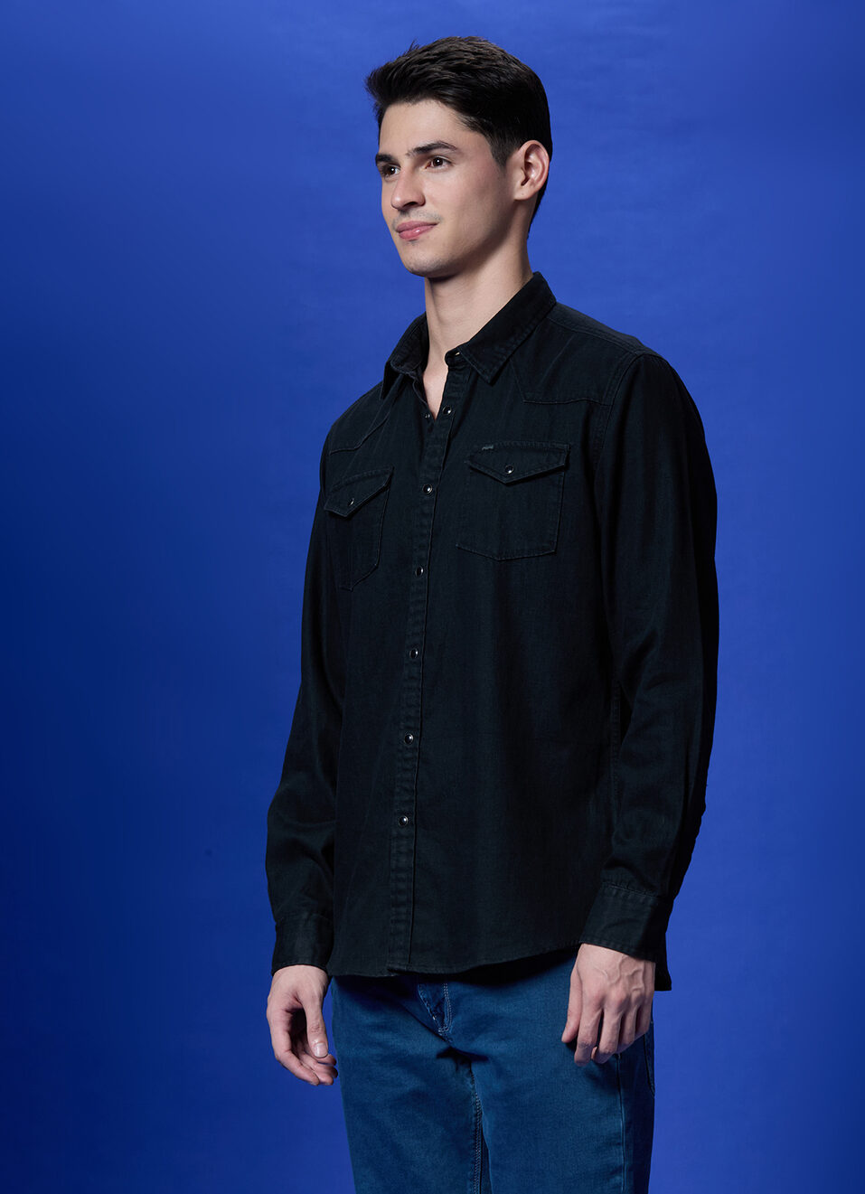 Black Twin Flap Pocket Full Sleeve Denim Shirt, , large image number 3