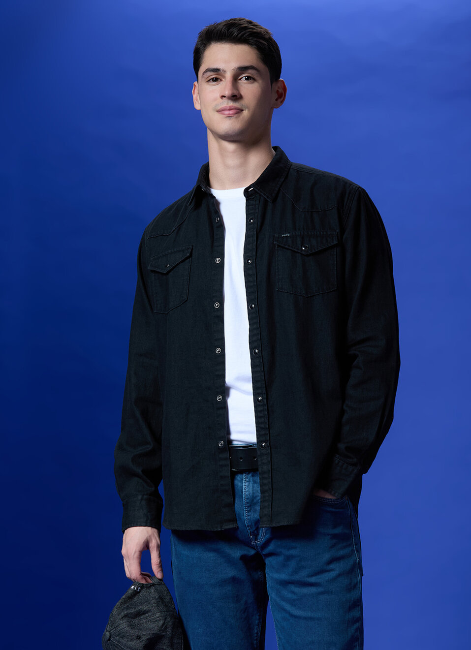 Black Twin Flap Pocket Full Sleeve Denim Shirt, , large image number 0