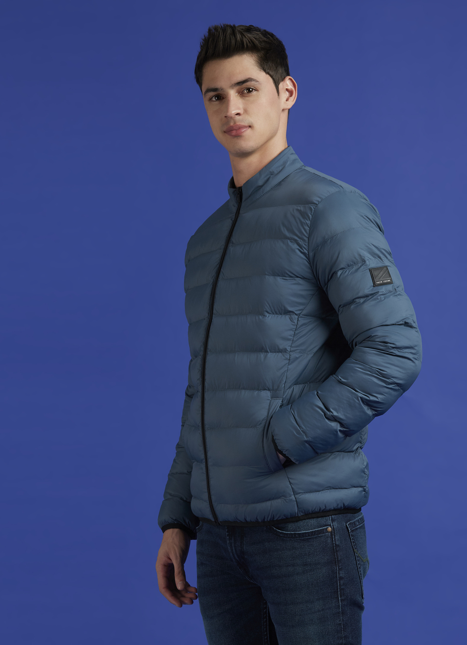 Teal Blue Solid Full Sleeve Puffer Jacket, , large image number 3