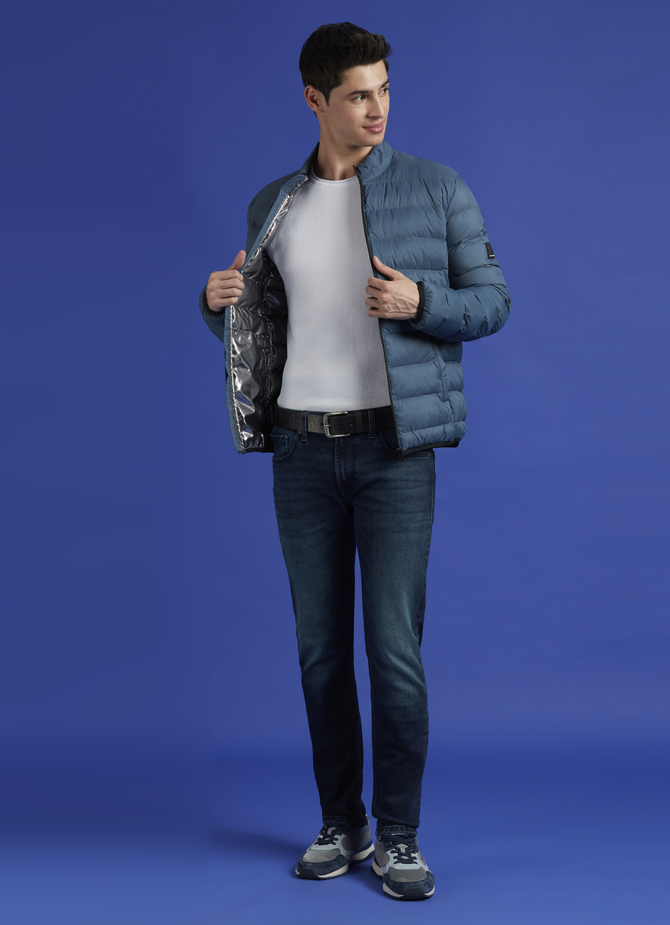 Teal Blue Solid Full Sleeve Puffer Jacket, , large image number 5