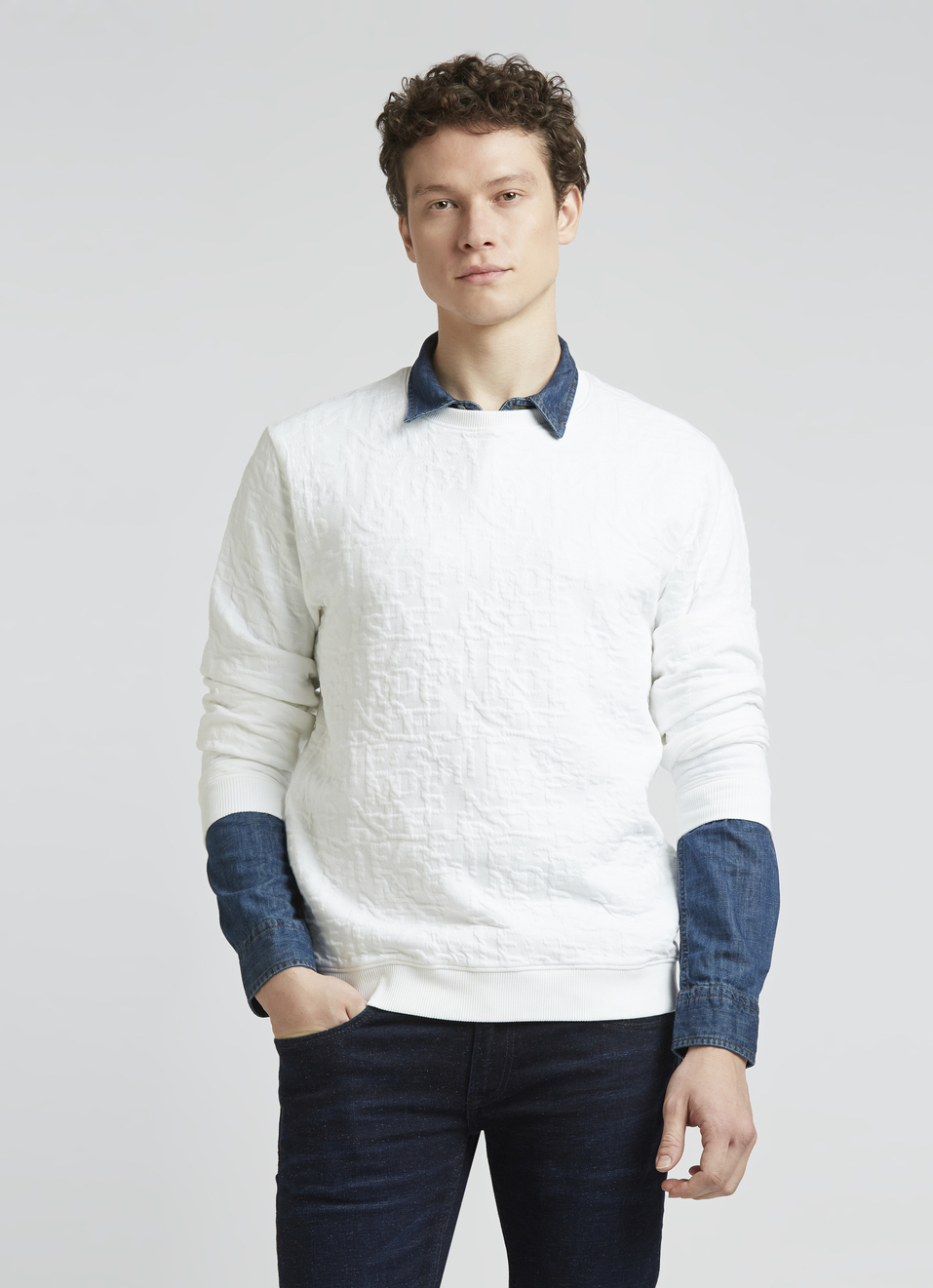 White Self Design Full Sleeve Sweatshirt, , large image number 0