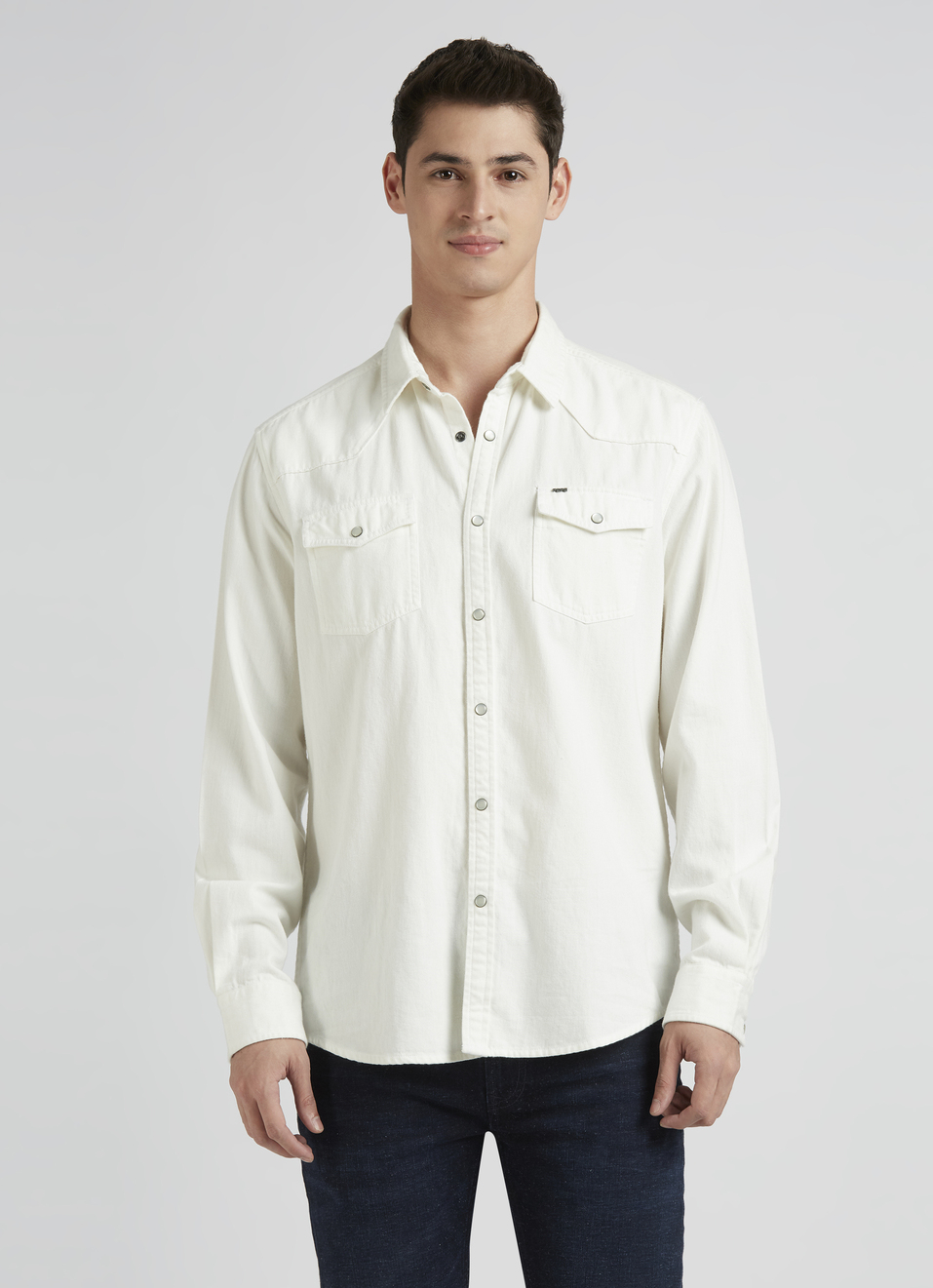 White Twin Flap Pocket Full Sleeve Denim Shirt, , large image number 1
