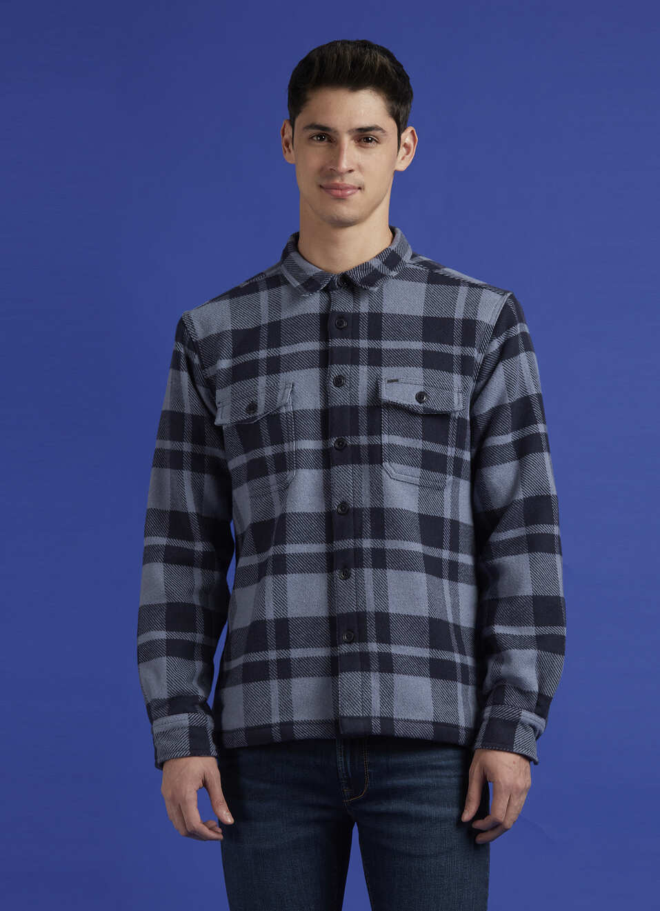 Navy Check Full Sleeve Shacket, , large image number 1