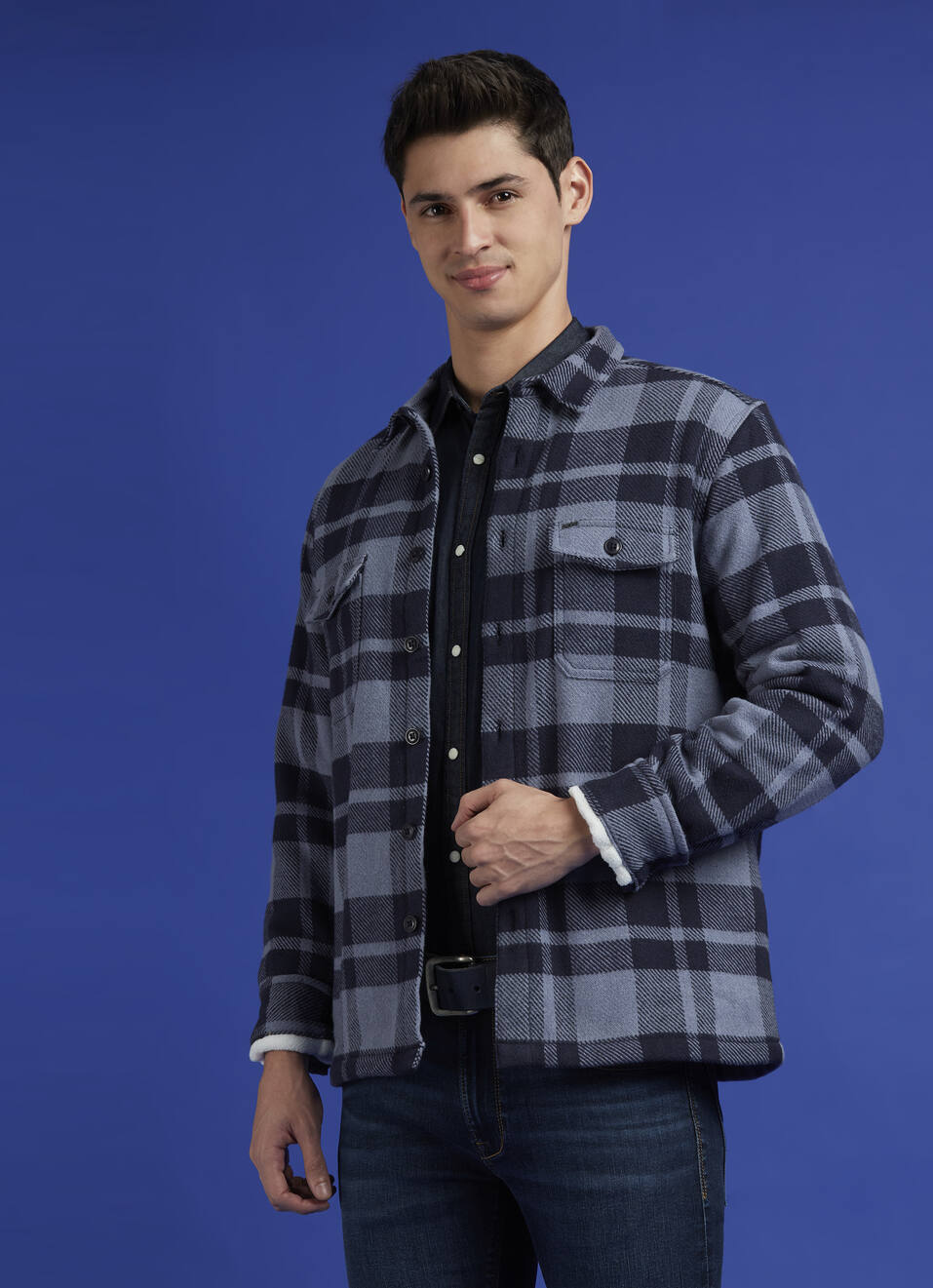 Navy Check Full Sleeve Shacket, , large image number 0