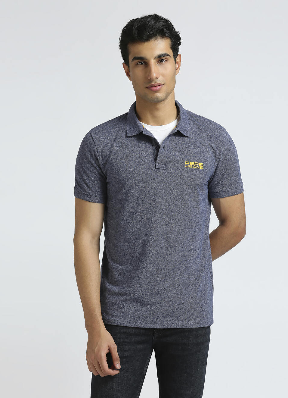 Blue Ribbed Collar Short Sleeve Polo, , large image number 0
