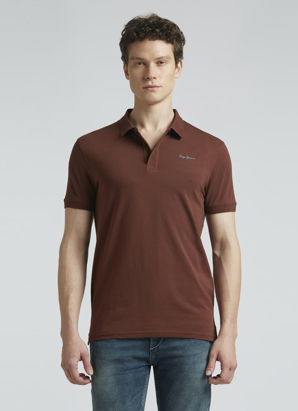 Brown Short Sleeve Stretch Polo, , large image number 1