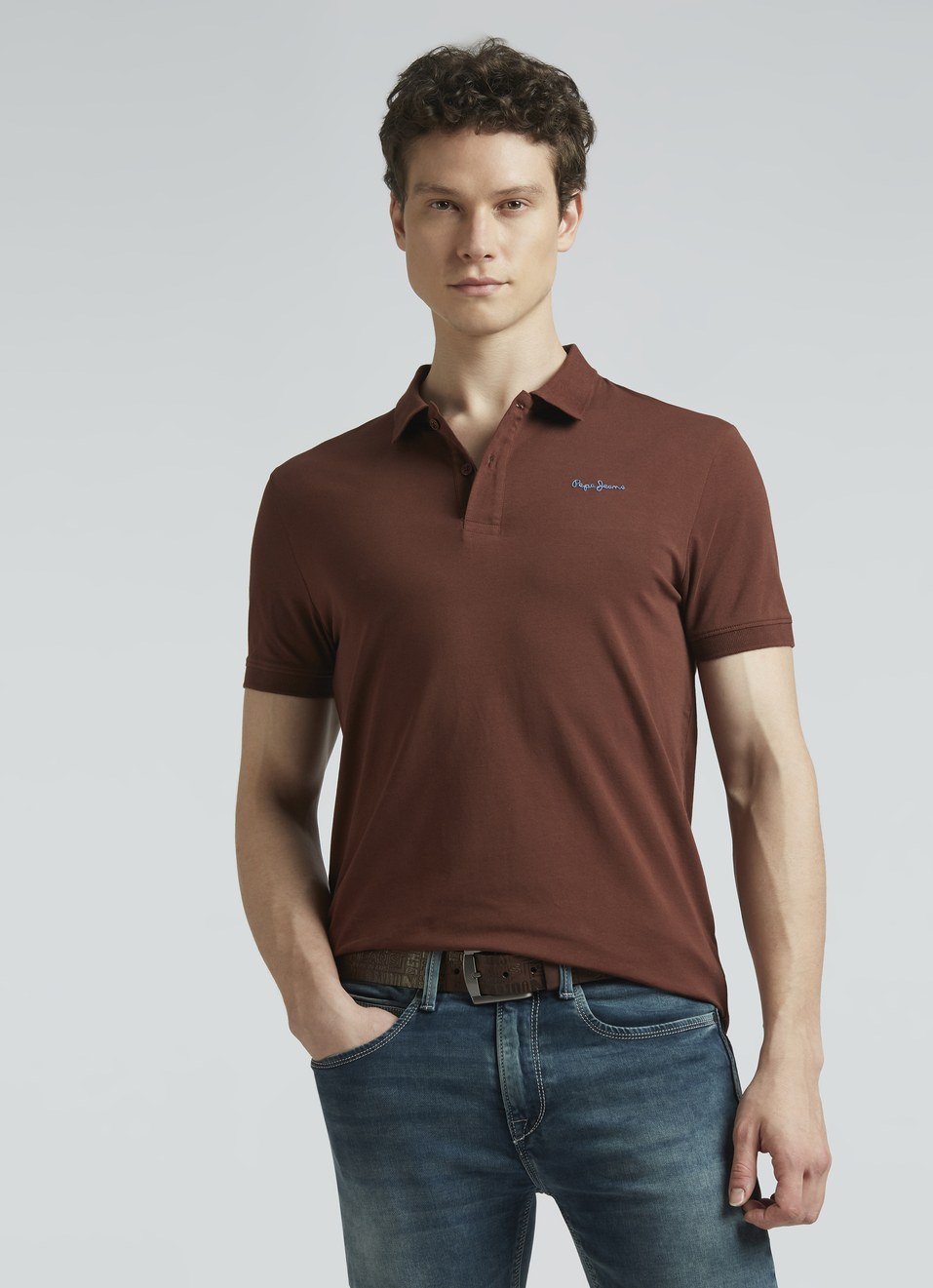 Brown Short Sleeve Stretch Polo, , large image number 0