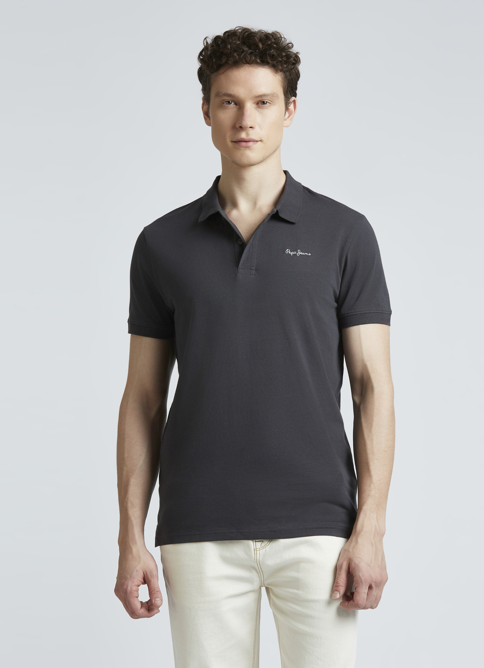 Grey Ribbed Collar Short Sleeve Polo, , large image number 1