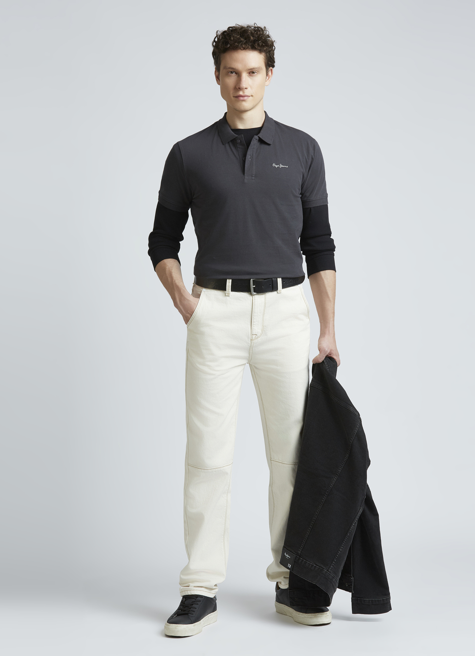 Grey Ribbed Collar Short Sleeve Polo, , large image number 5