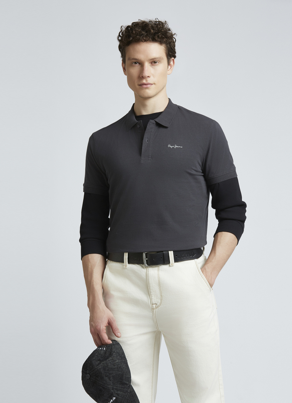 Grey Ribbed Collar Short Sleeve Polo, , large image number 0