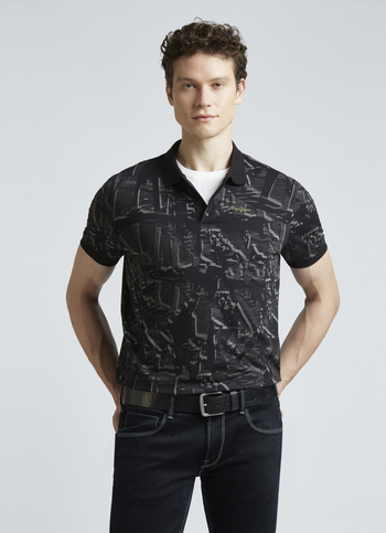Black Abstract Print Short Sleeve Polo