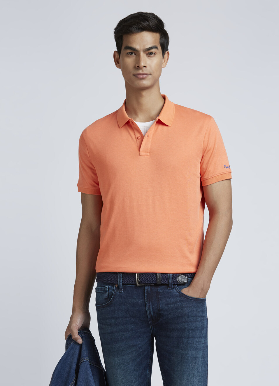 Peach Ribbed Collar Short Sleeve Polo, , large image number 0