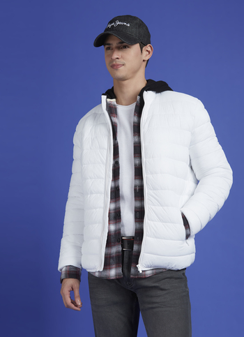 White Hgh Neck Full Sleeve Bomber Jacket