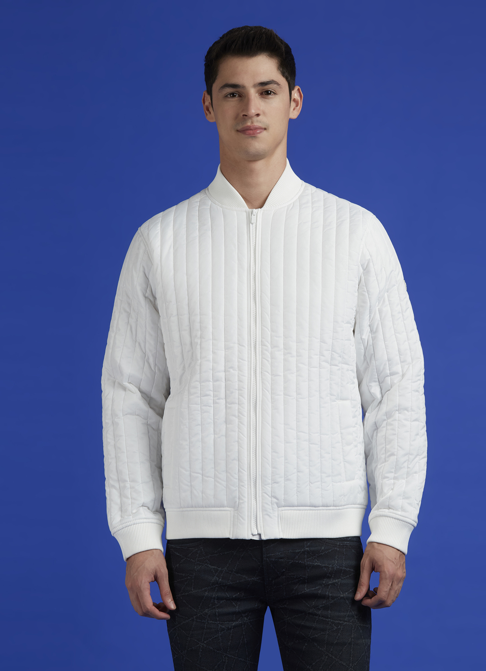 White Embroidered Full Sleeve Quilted Bomber Jacket, , large image number 1