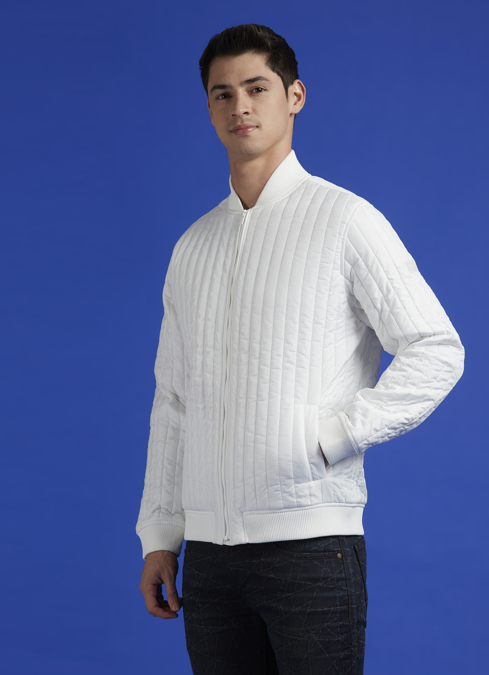 White Embroidered Full Sleeve Quilted Bomber Jacket, , large image number 3