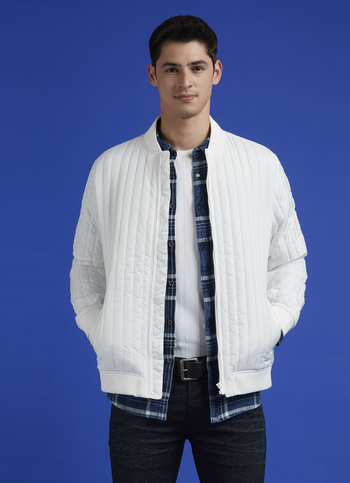White Embroidered Full Sleeve Quilted Bomber Jacket