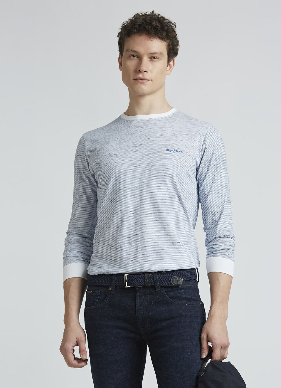 Blue Self Design Full Sleeve T-shirt, , large image number 0