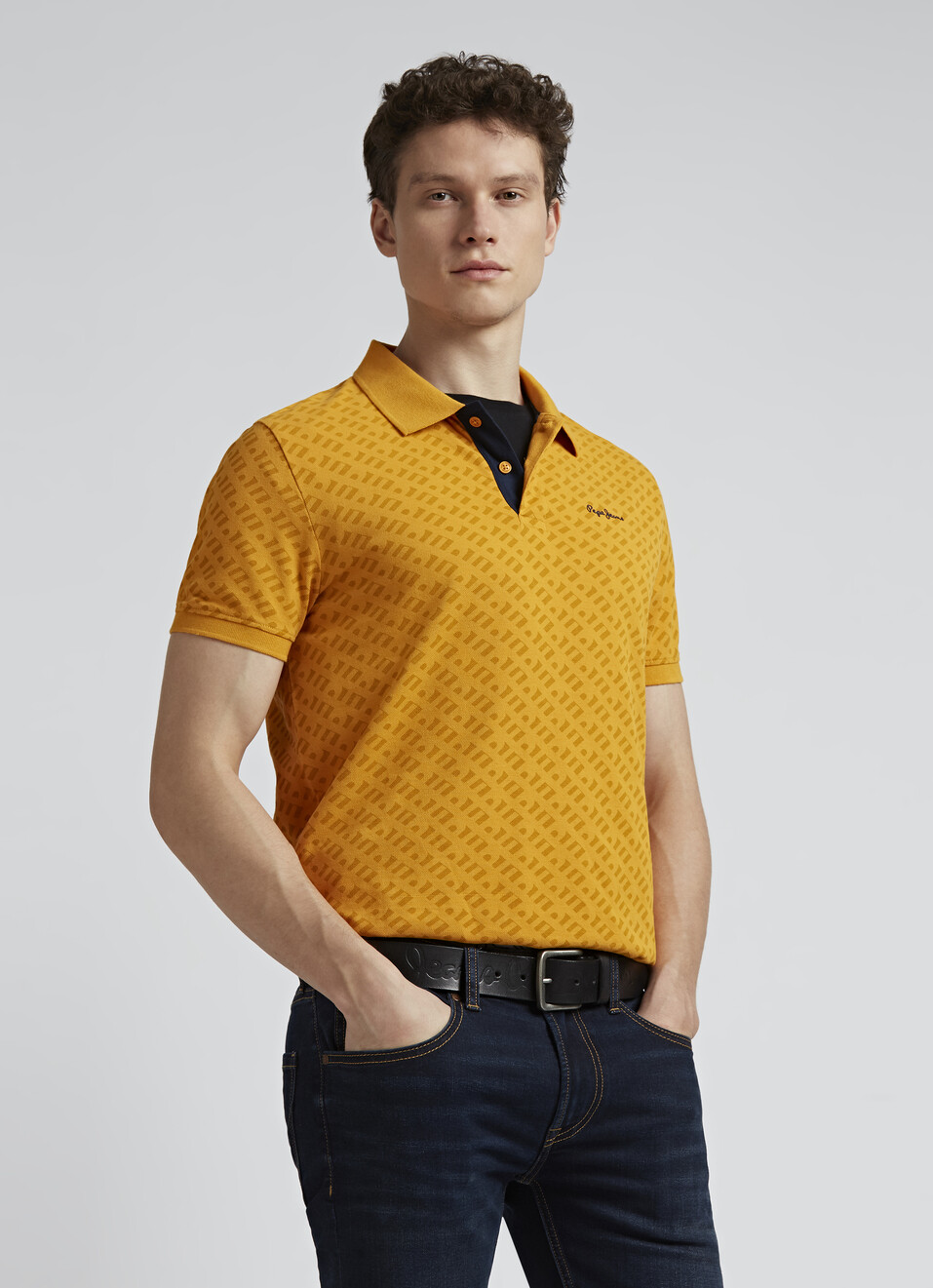 Yellow Typographic Print Short Sleeve Polo, , large image number 0
