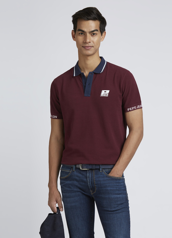 Burgundy Contrast Ribbed Collar Short Sleeves Polo