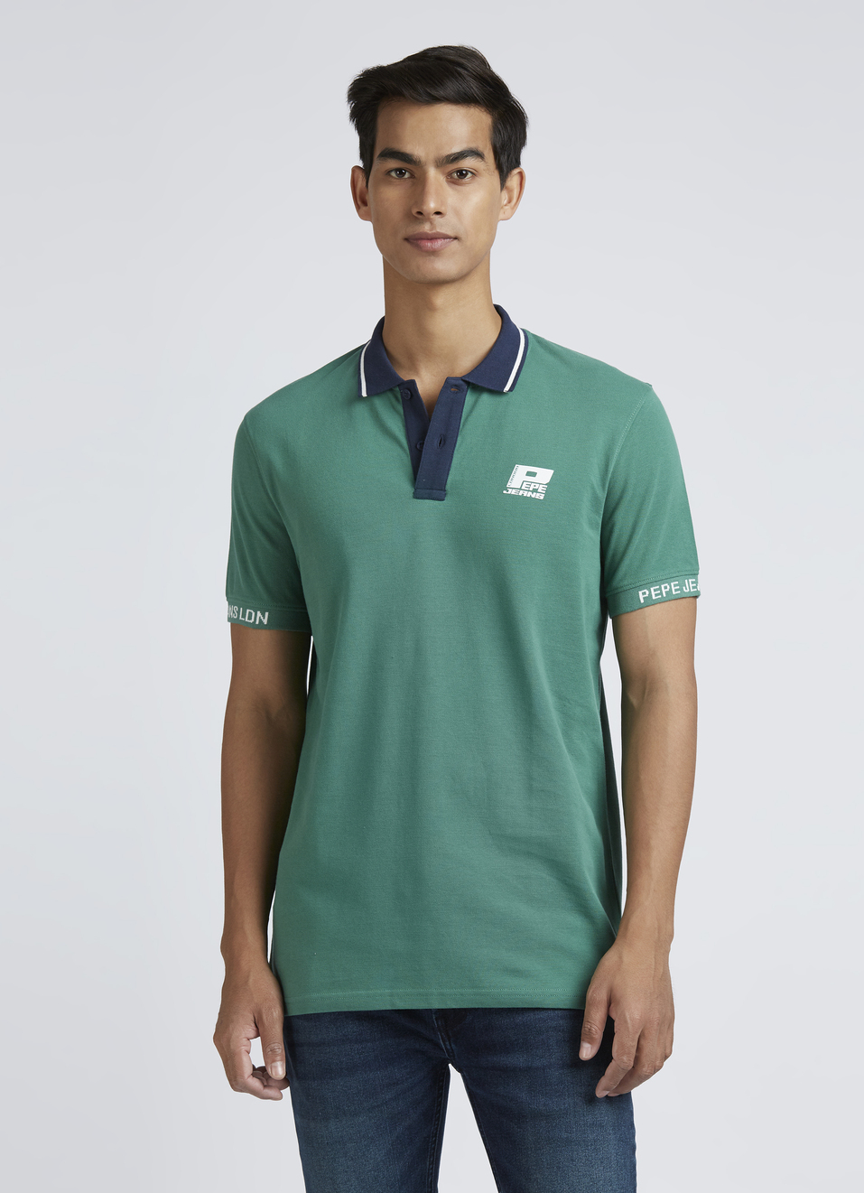 Green Contrast Ribbed Collar Short Sleeves Polo, , large image number 1