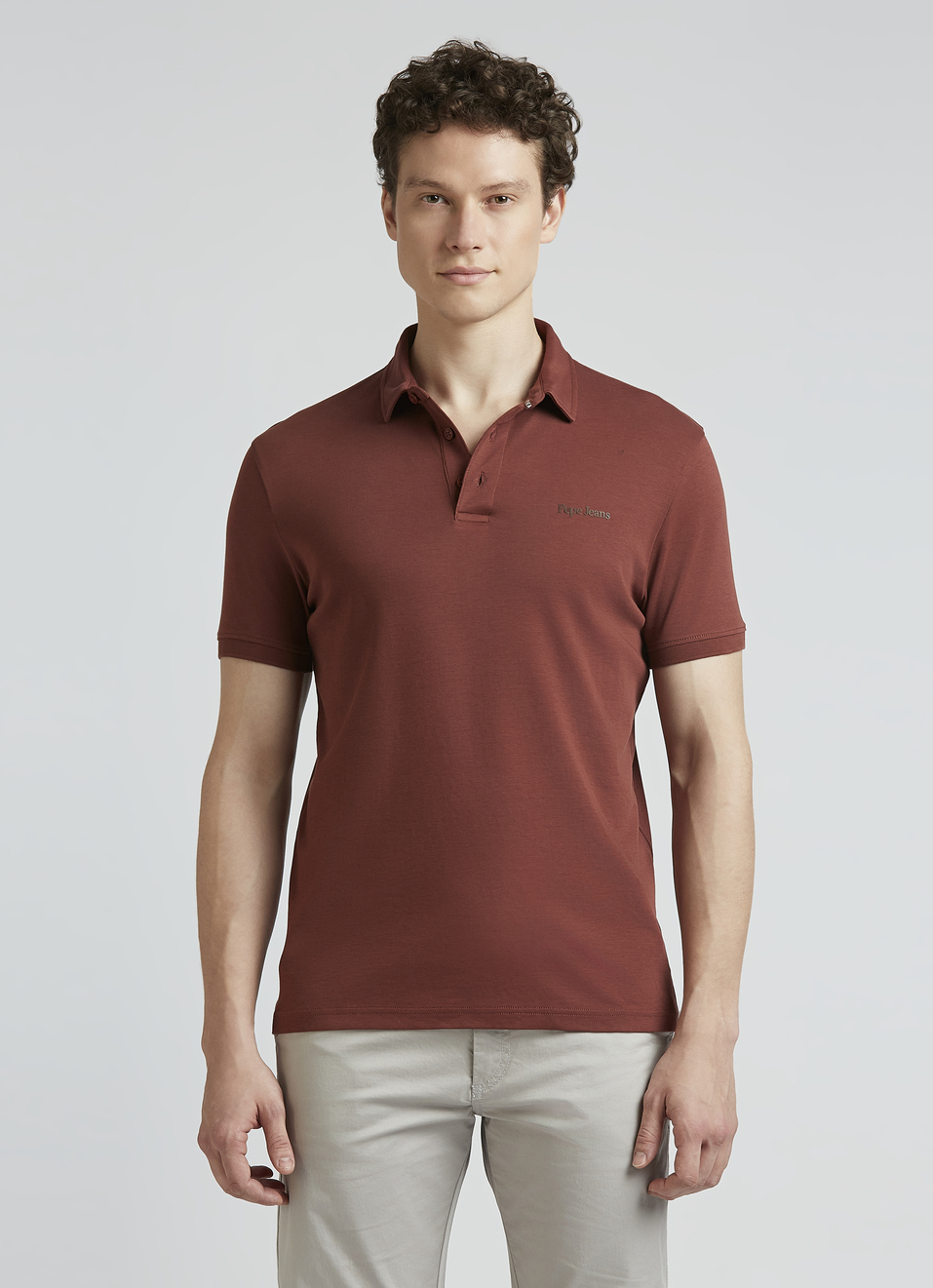 Brown Short Sleeve Stretch Polo, , large image number 1