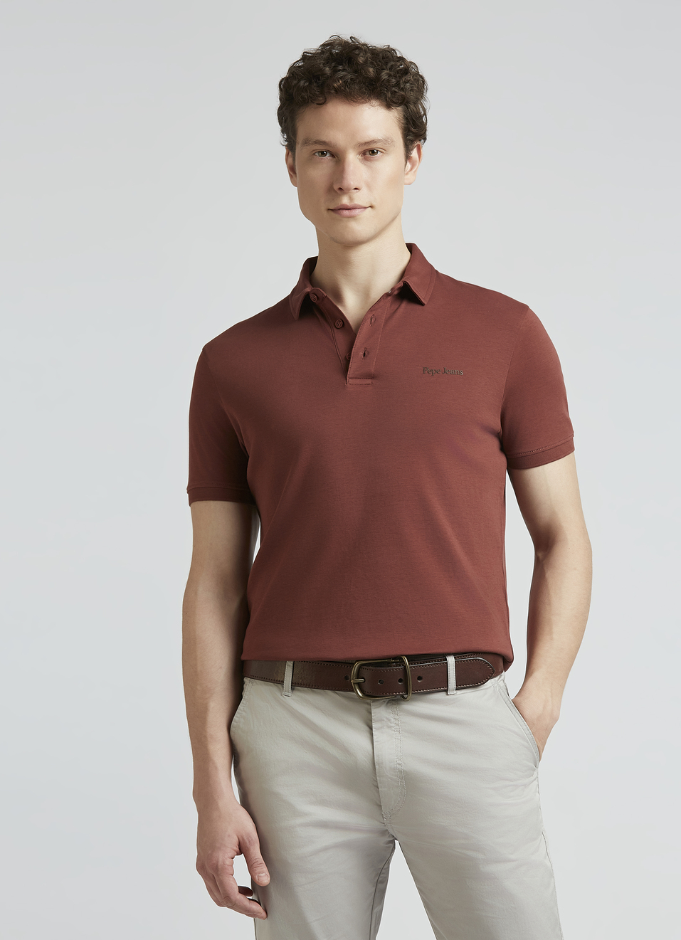 Brown Short Sleeve Stretch Polo, , large image number 0