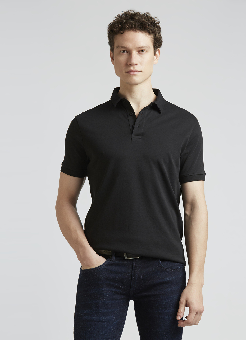 Black Short Sleeve Stretch Polo, , large image number 0
