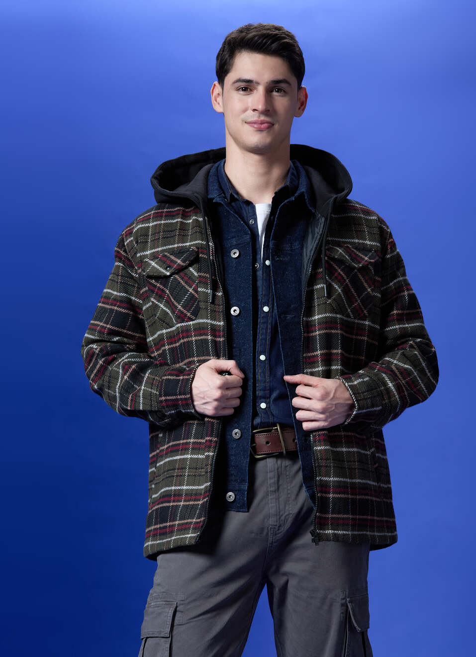 Olive Check Full Sleeve Shacket, , large image number 0