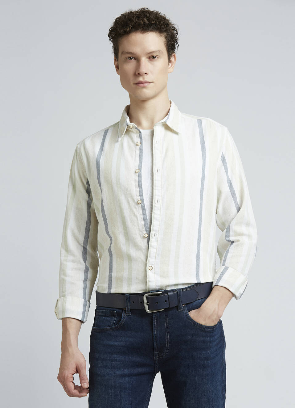 Beige Stripes Full Sleeve Shirt, , large image number 0