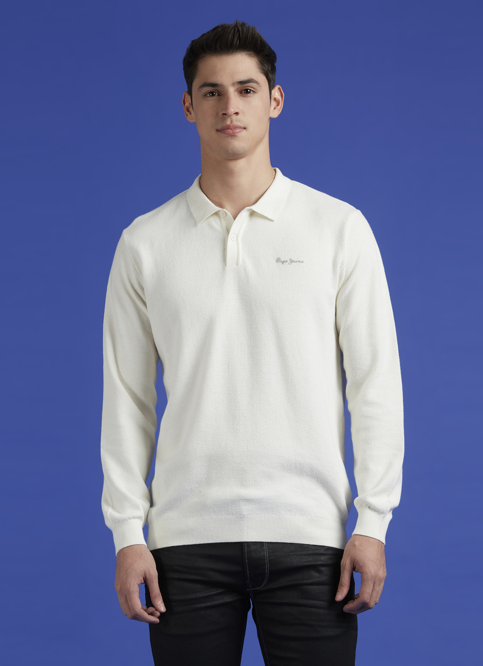 White Ribbed Collar Full Sleeve Flat Knit Polo, , large image number 1