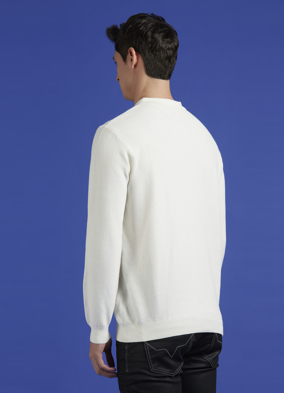 White Ribbed Collar Full Sleeve Flat Knit Polo, , large image number 2