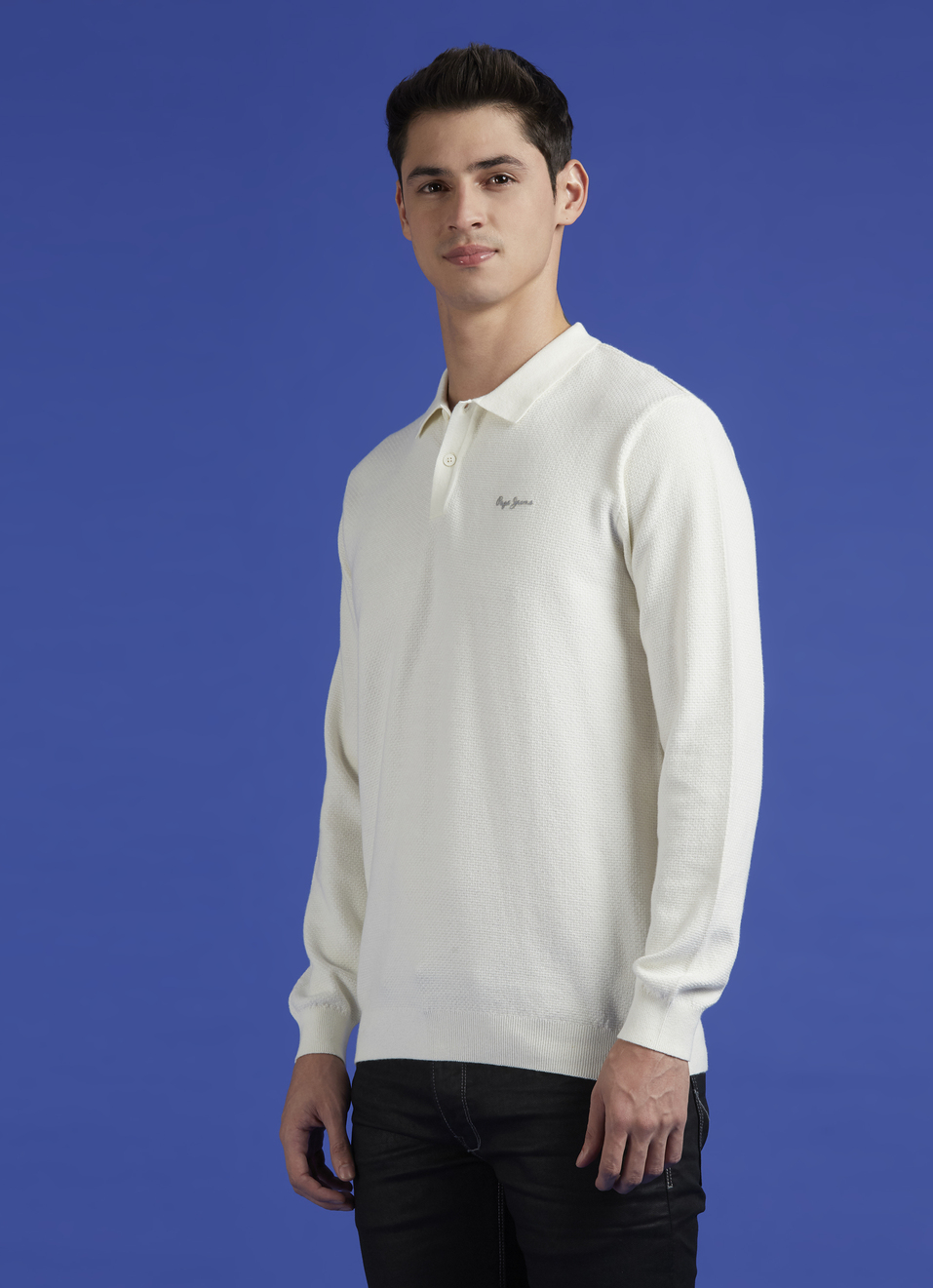 White Ribbed Collar Full Sleeve Flat Knit Polo, , large image number 3