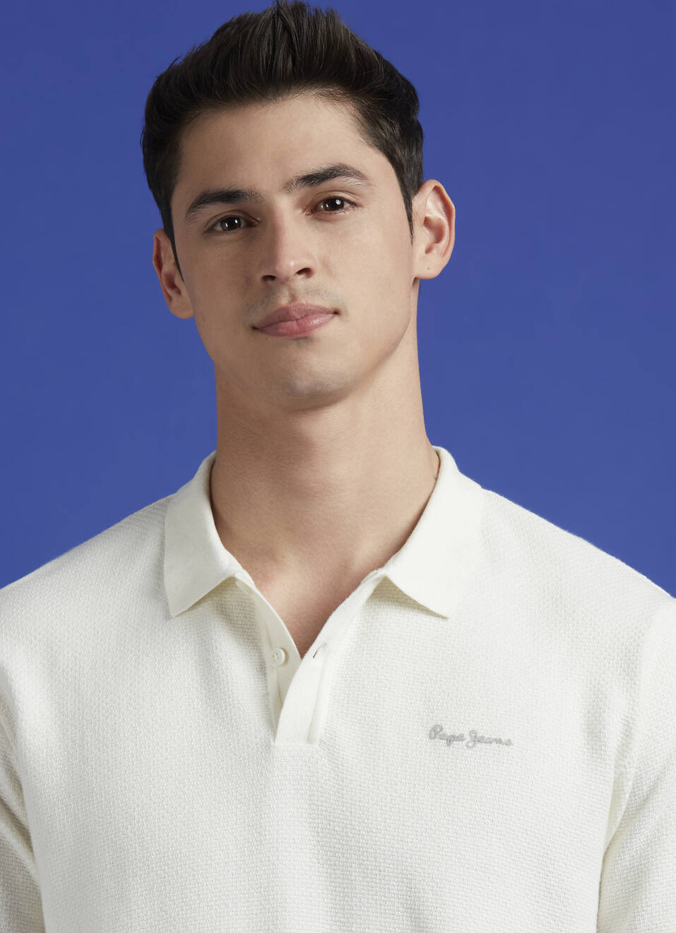 White Ribbed Collar Full Sleeve Flat Knit Polo, , large image number 4