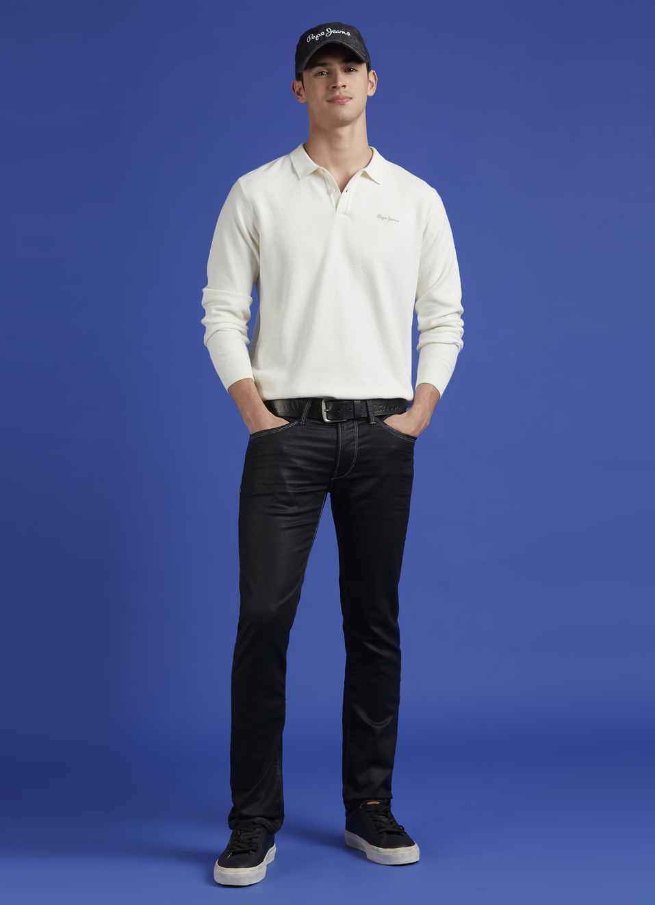 White Ribbed Collar Full Sleeve Flat Knit Polo, , large image number 5