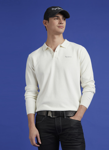 White Ribbed Collar Full Sleeve Flat Knit Polo