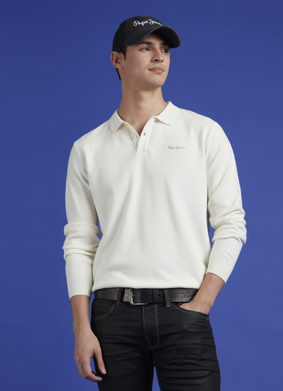 White Ribbed Collar Full Sleeve Flat Knit Polo, , large image number 0