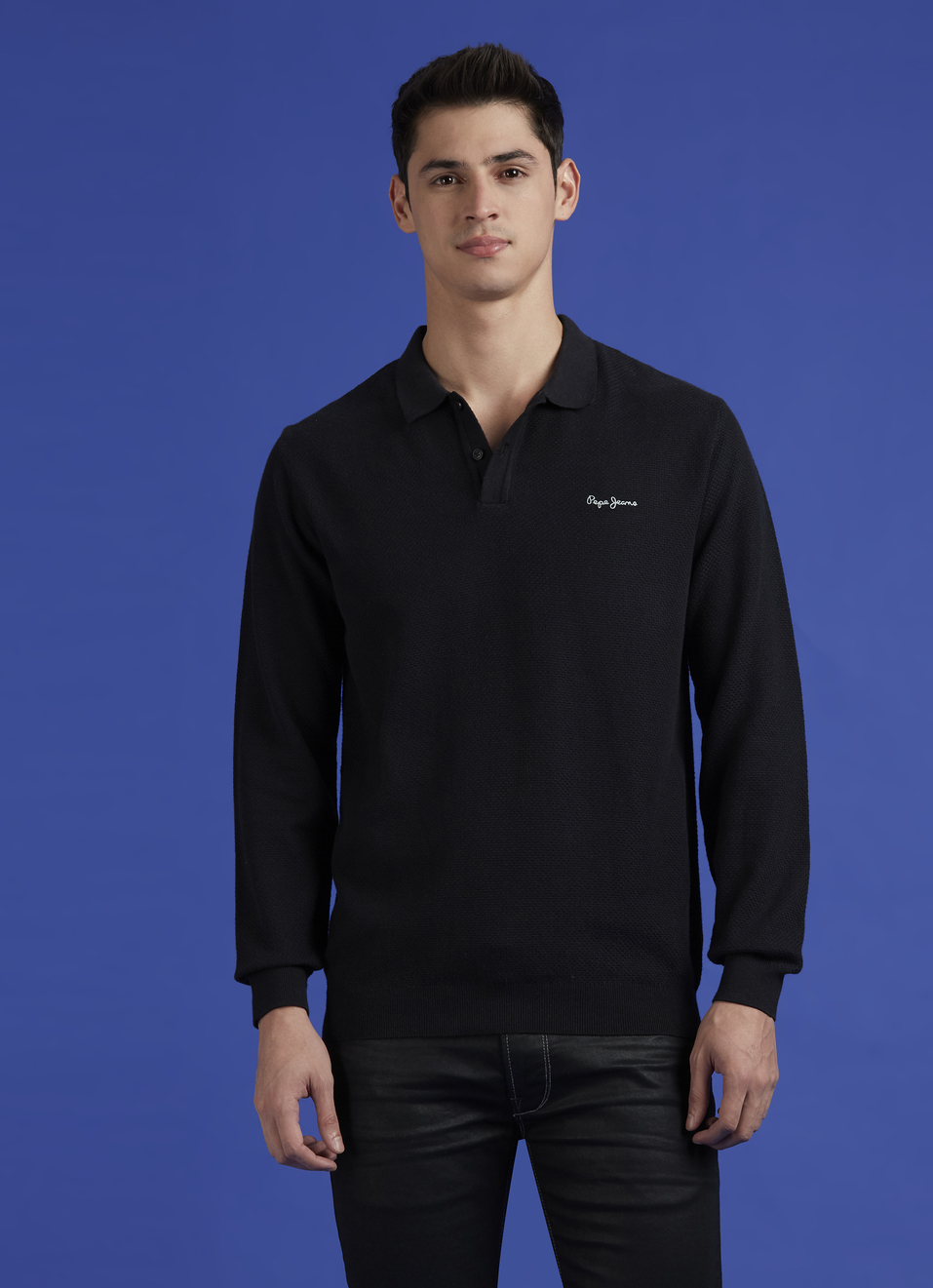 Black Ribbed Collar Full Sleeve Flat Knit Polo, , large image number 1