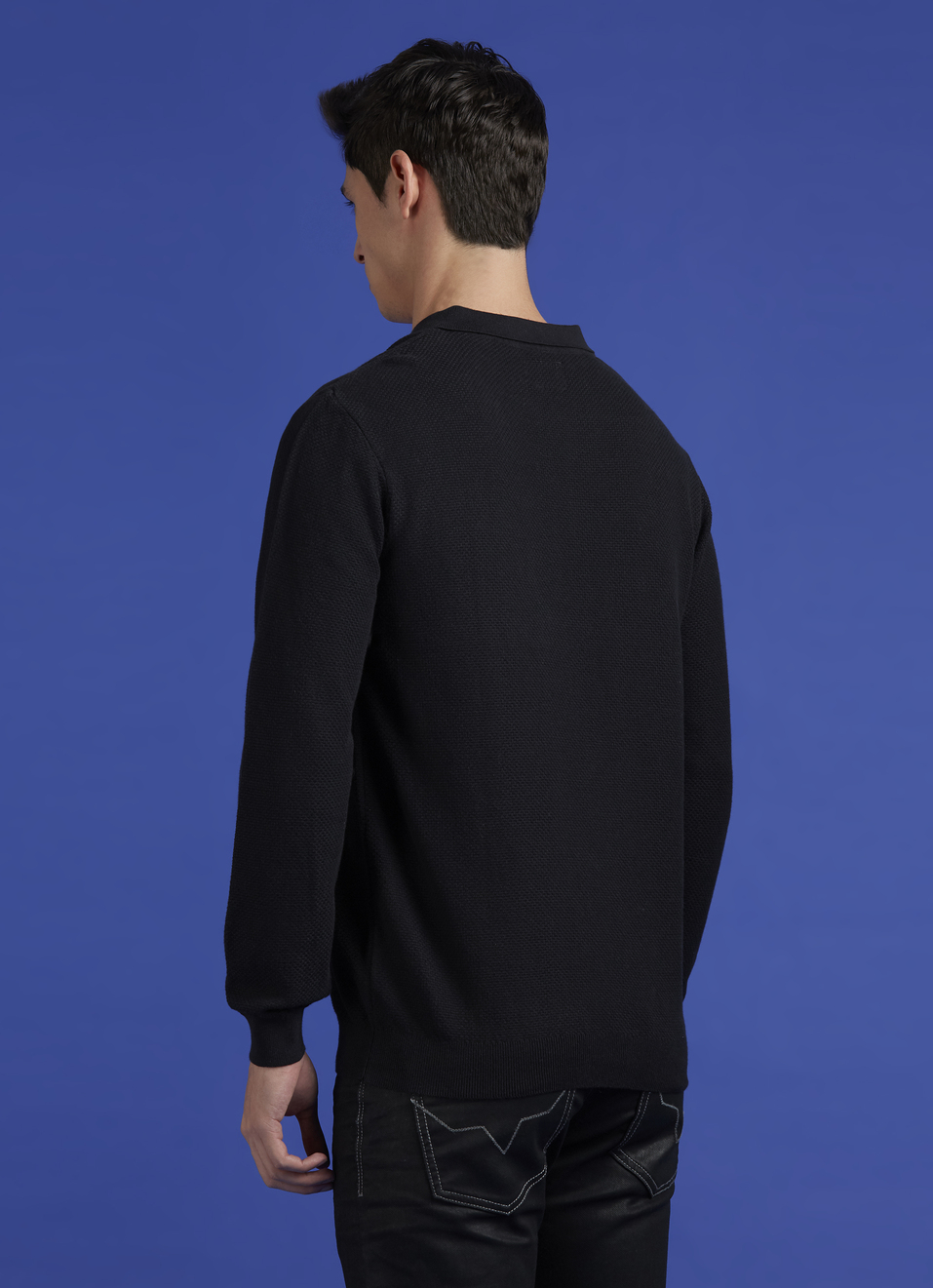 Black Ribbed Collar Full Sleeve Flat Knit Polo, , large image number 2