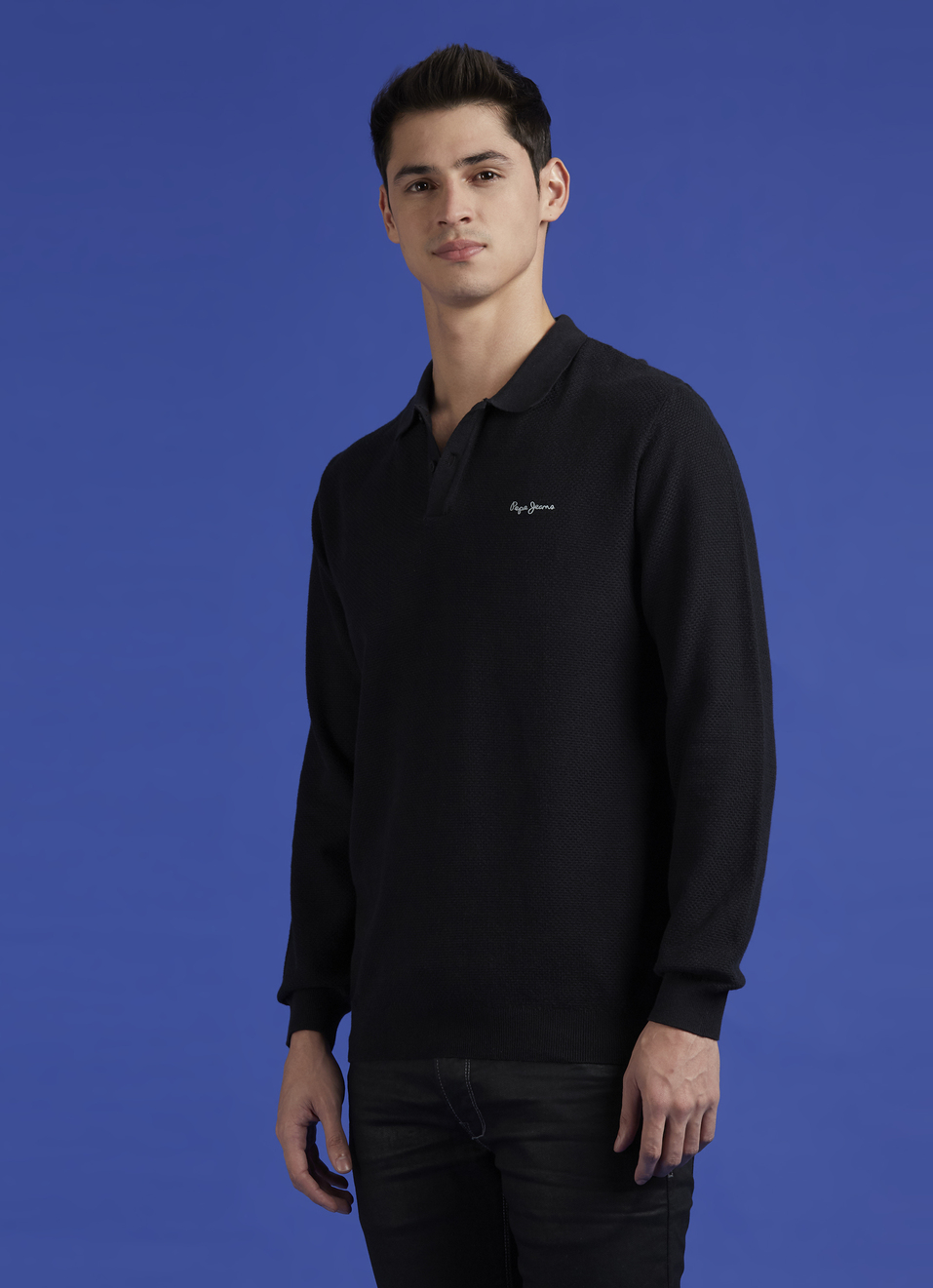 Black Ribbed Collar Full Sleeve Flat Knit Polo, , large image number 3