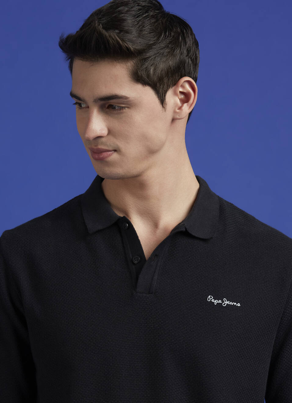 Black Ribbed Collar Full Sleeve Flat Knit Polo, , large image number 4