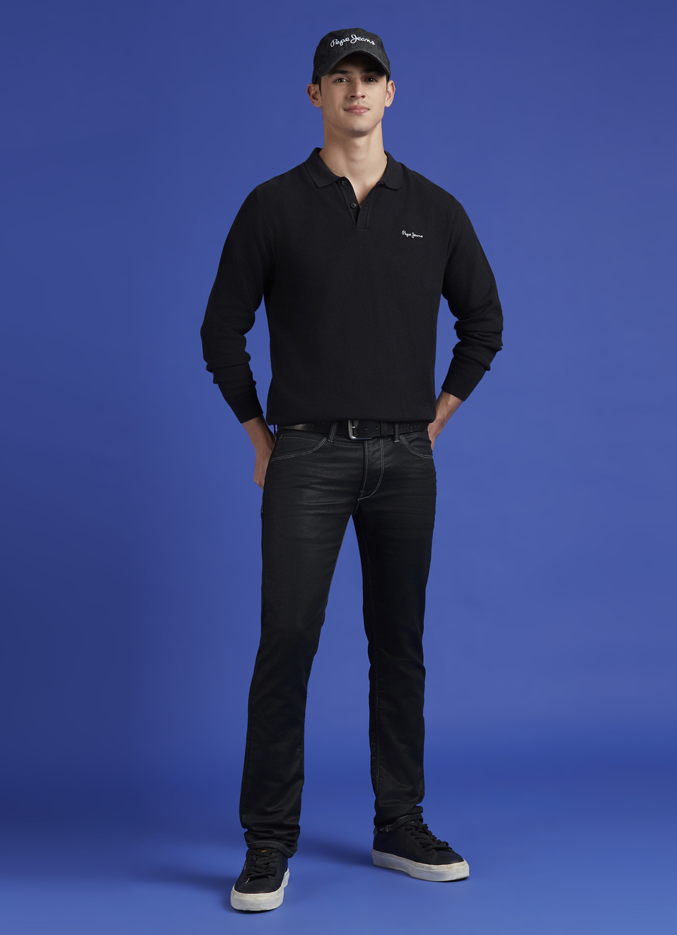Black Ribbed Collar Full Sleeve Flat Knit Polo, , large image number 5