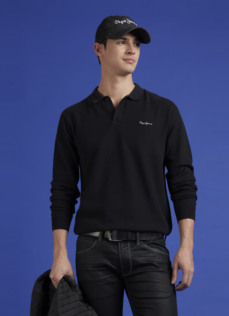 Black Ribbed Collar Full Sleeve Flat Knit Polo, , large image number 0