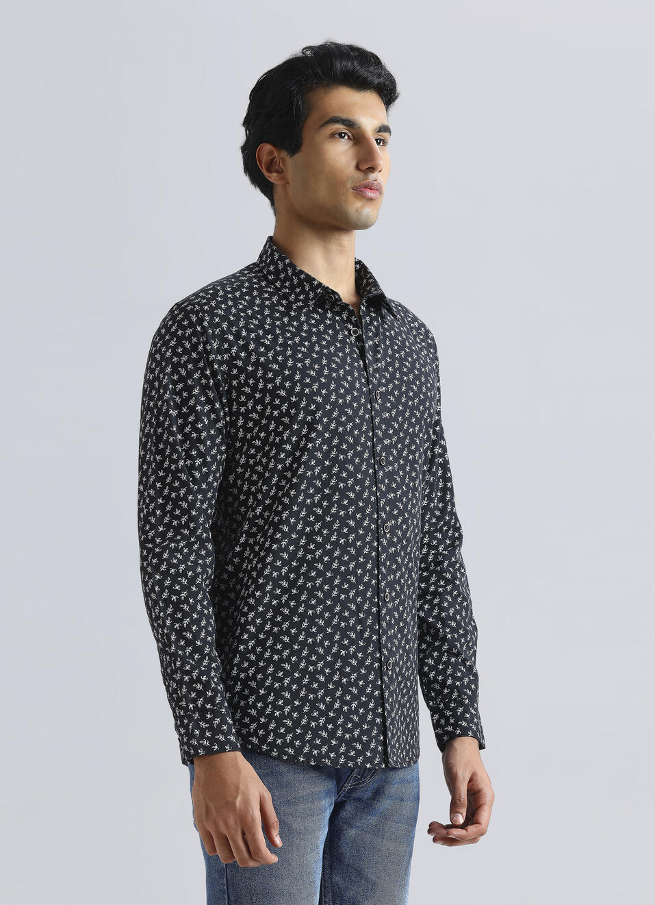 Black Leaf Print Full Sleeve Shirt, , large image number 3