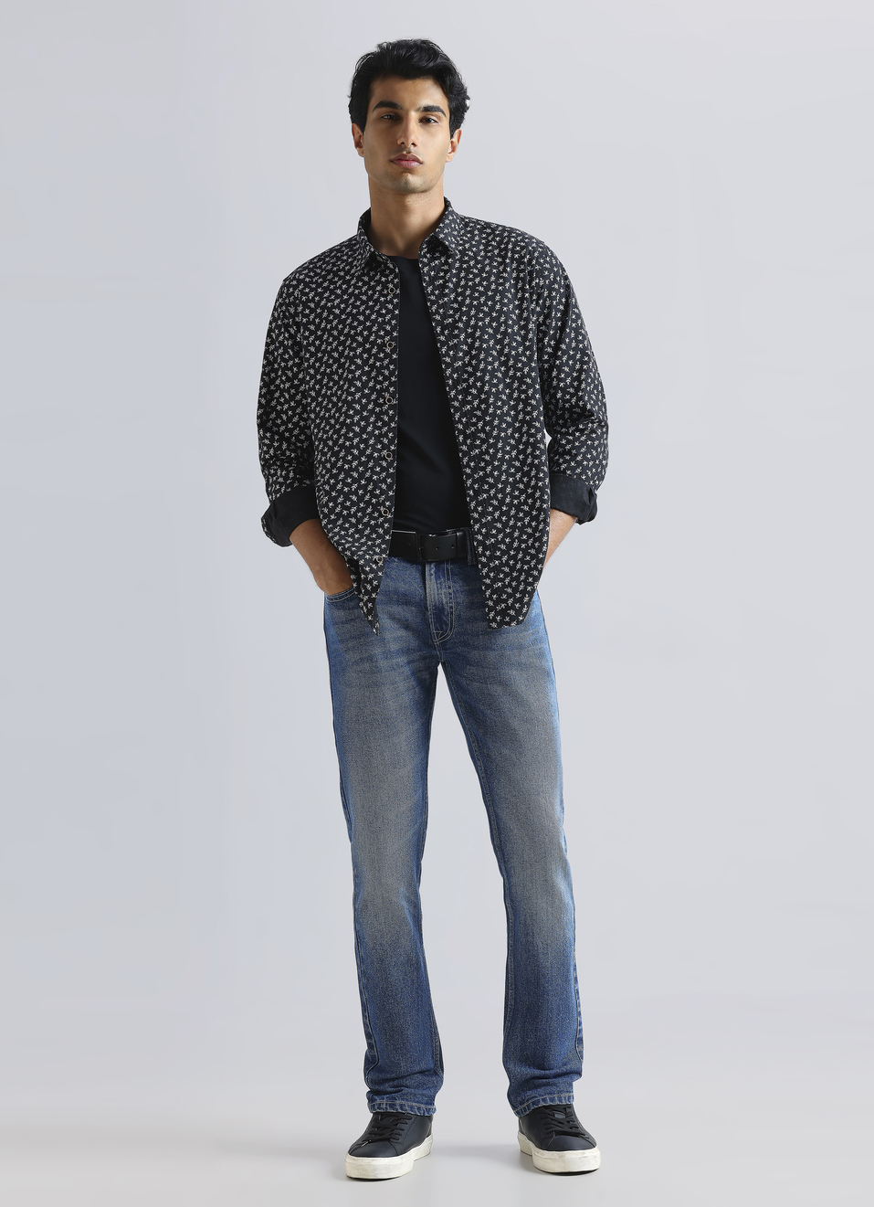 Black Leaf Print Full Sleeve Shirt, , large image number 5
