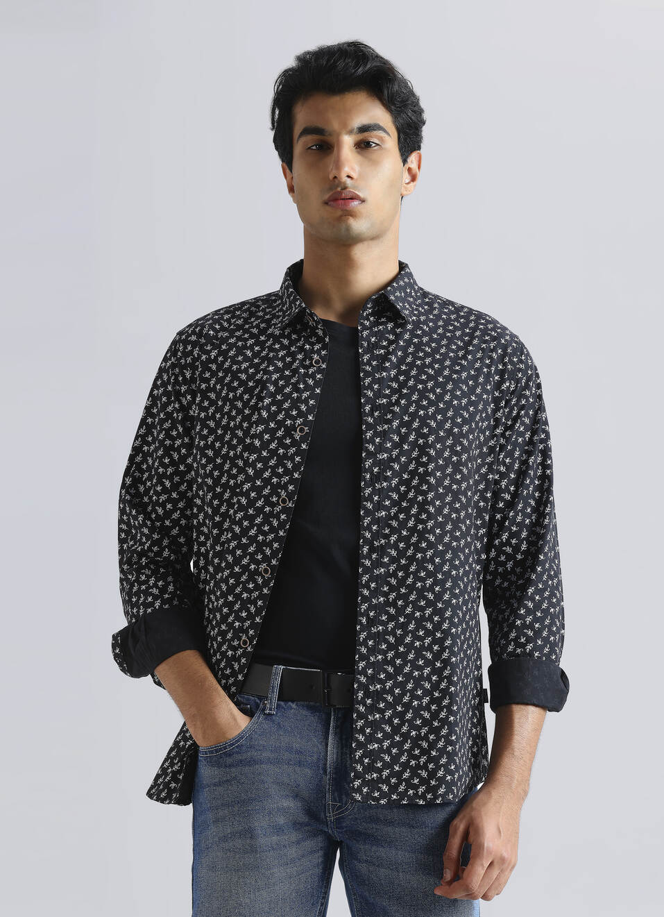 Black Leaf Print Full Sleeve Shirt, , large image number 0