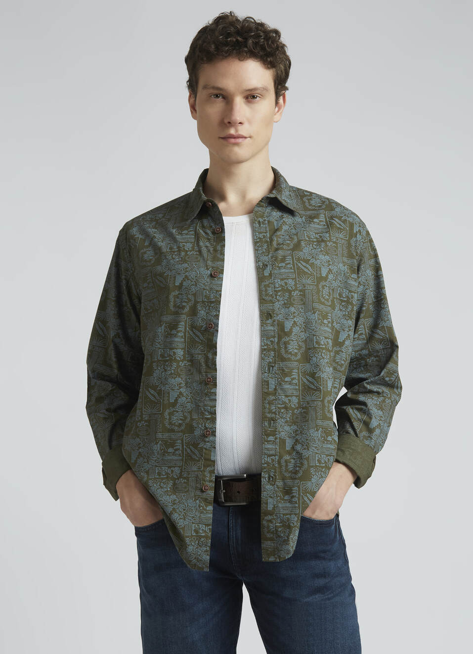 Olive Botanical Print Full Sleeve Shirt, , large image number 0